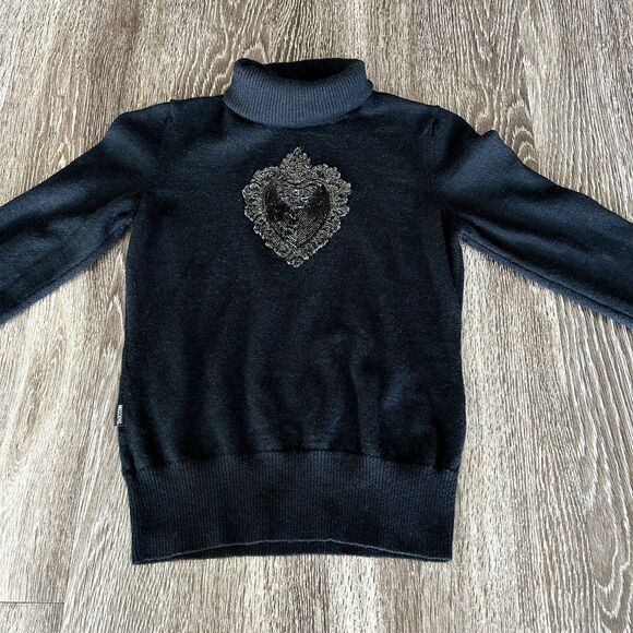 Moschino Jeans Vintage 2000s Black Wool Beaded Heart Turtleneck Sweater Size 8 - Picture 1 of 9